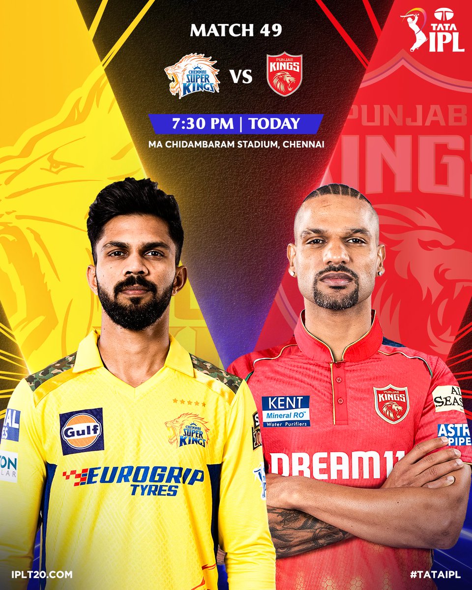 Time for Match 4️⃣9⃣ in Chennai! 🏟️ 

Chennai Super Kings 🤜🤛 Punjab Kings 

Who are you rooting for? 

⏰ 7:30 PM IST
💻 IPLT20.COM
📱 Official IPL App 

#TATAIPL | #CSKvPBKS