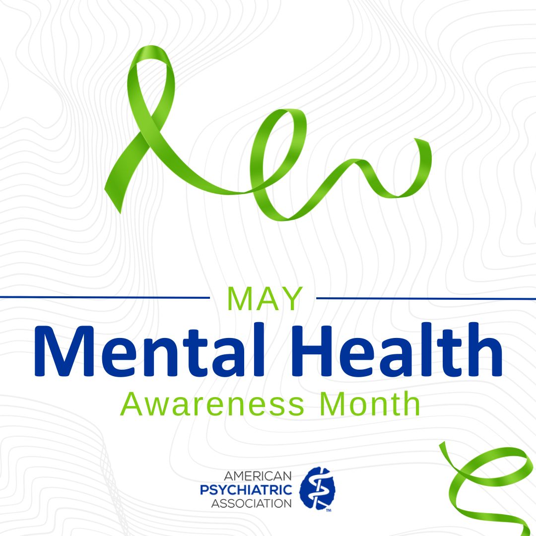 APApsychiatric's tweet image. May is #MentalHealthAwarenessMonth, a time to focus on reducing the stigma that surrounds mental illness, promoting the resources that are available, and reminding anyone struggling with a mental illness that they are not alone. Drop a &quot;💚&quot; in the comments to show your support.