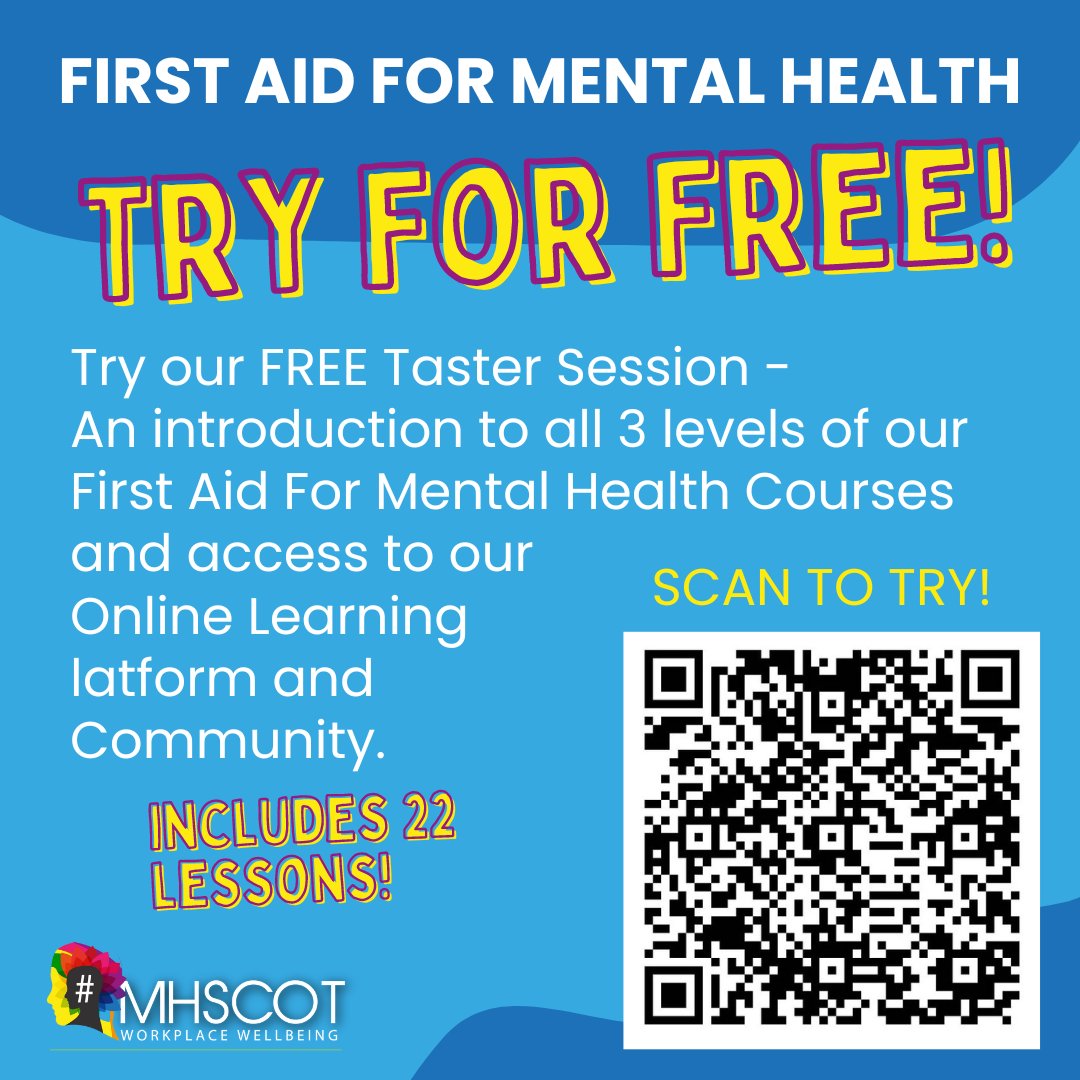 Try our FREE Online #MentalHealthFirstAid Taster Session absolutely FREE!  It includes 22 lessons and access to our information packed online learning platform and our online community!  Start your journey: courses.mentalhealthscot.land/courses/introd… #mentalhealthfirstaid #freecourse