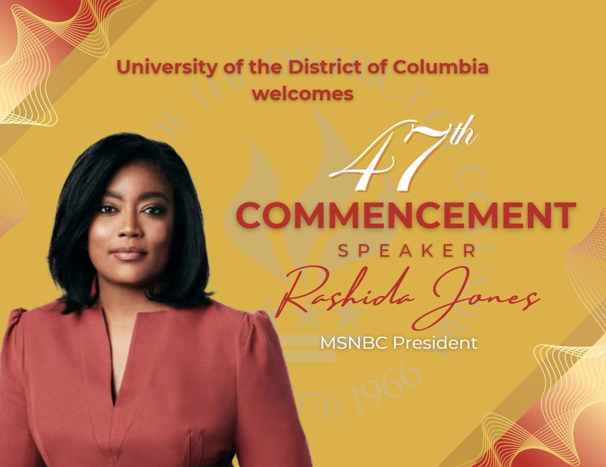 The University of the District of Columbia is pleased to announce that @msnbc President Rashida Jones, this year’s commencement speaker, will be awarded an honorary doctorate during this year’s ceremony on May 11. For more, visit: udc.edu/2024/05/01/udc…
