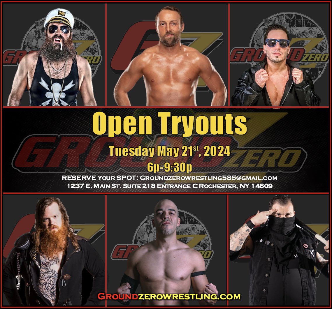 Do you want to be a professional wrestler? Come train with us at the Premiere Pro Wrestling School in Rochester, NY We are hosting FREE Open Tryouts on May 21st from 6-930p. Email us now to reserve your spot! #GroundZero #RespectTheCraft