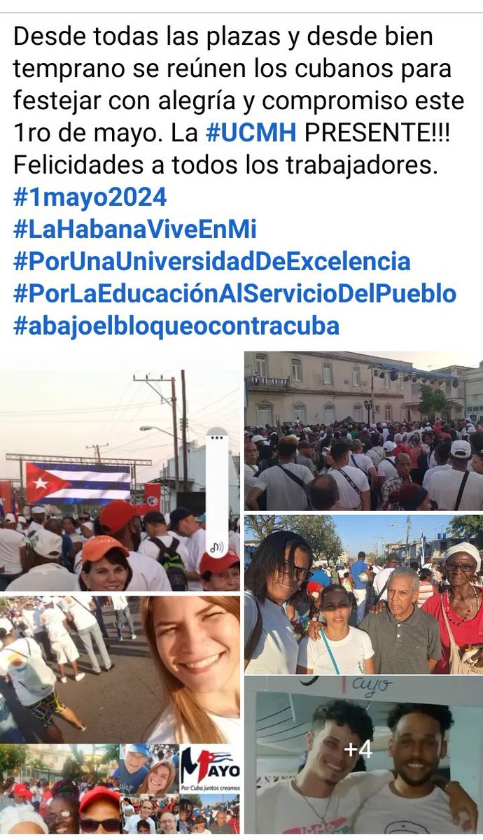 Desde todas las plazas y desde bien temprano se reúnen los cubanos para festejar con alegría y compromiso este 1ro de mayo. La #UCMH PRESENTE!!! 
#1mayo2024
#LaHabanaViveEnMi
#PorUnaUniversidadDeExcelencia
#PorLaEducaciónAlServicioDelPueblo
#abajoelbloqueocontracuba
