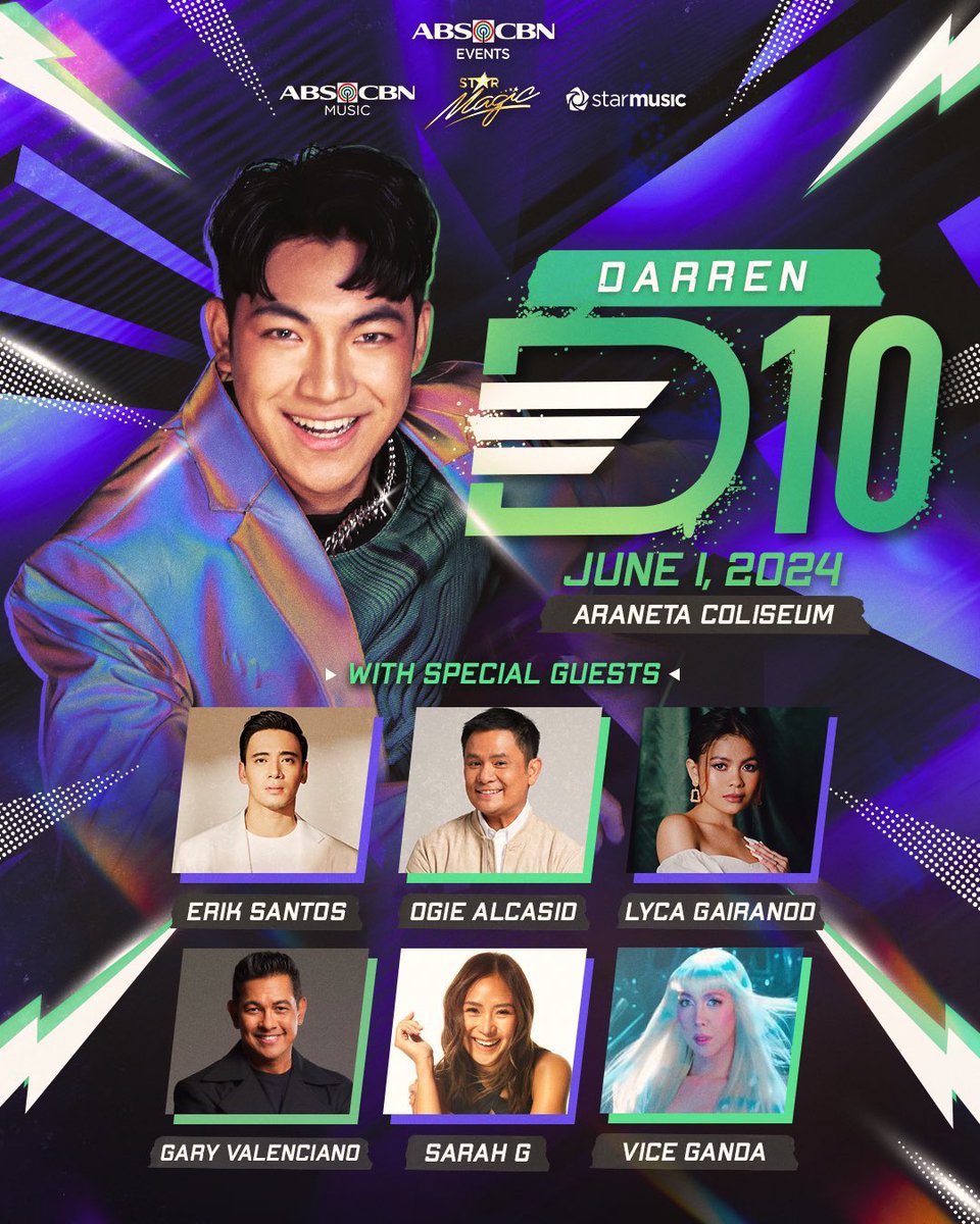 WALANG BIBITAW SA BIGATING LINEUP OF #D10 SPECIAL GUESTS 💚 Joining @Espanto2001’s 10th Anniversary Concert are @realeriksantos, @ogiealcasid, @lycagairanod, @GaryValenciano1, @JustSarahG, and @vicegandako ⭐️⭐️⭐️⭐️⭐️⭐️ Iyong-iyo na sa June 1, 2024 at the Araneta Coliseum! Get…