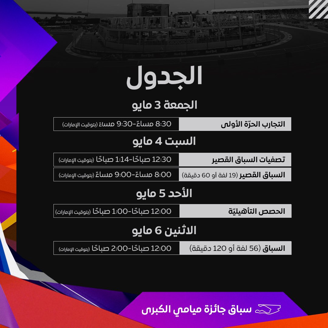 انه أسبوع السباق! 🔥

إليكم جدول سباق جائزة ميامي الكبرى. 🏖️

#فورمولا1 

#F1 #Formula1 @f1 #MiamiGP