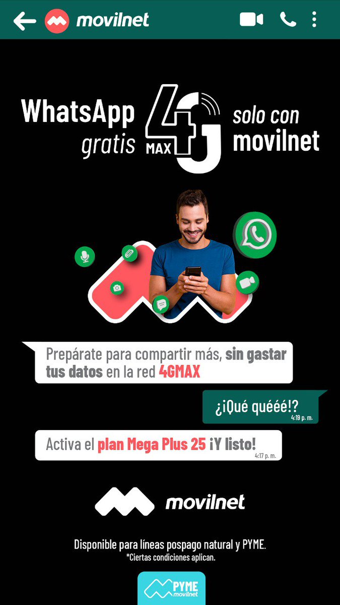 Con Movilnet 
¡La libertad de comunicarte sin límites! 🚀
Cámbiate al plan Mega Plus 25 y disfruta de WhatsApp GRATIS por 6 meses en la red 4GMAX. 

Ve a las Oficinas de Servicios y Atención al Cliente y para cambio de plan y activación del servicio.
#MayoDeTransformación