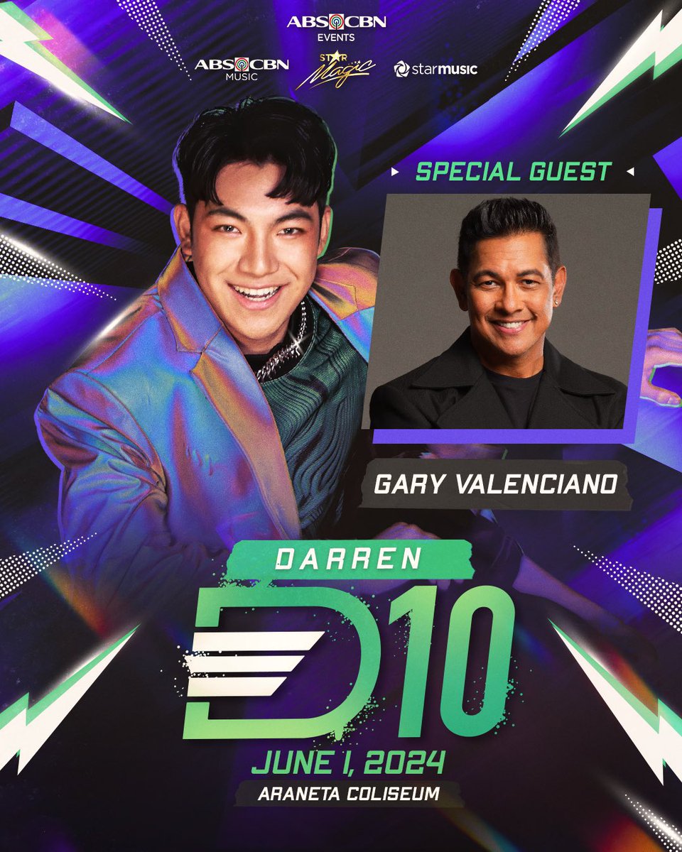 #D10GuestReveal Shout for joy dahil hahataw na si Mr. Pure Energy @GaryValenciano1 sa #D10 Concert! ⚡️ ‘Wag ka nang umiyak, sa June 1, 2024 mo na mapanood ang 10th Anniversary Concert ni @Espanto2001 sa Big Dome 💚 Get your tickets here: 🎟️ tinyurl.com/D10ConcertTick… #DARREN…