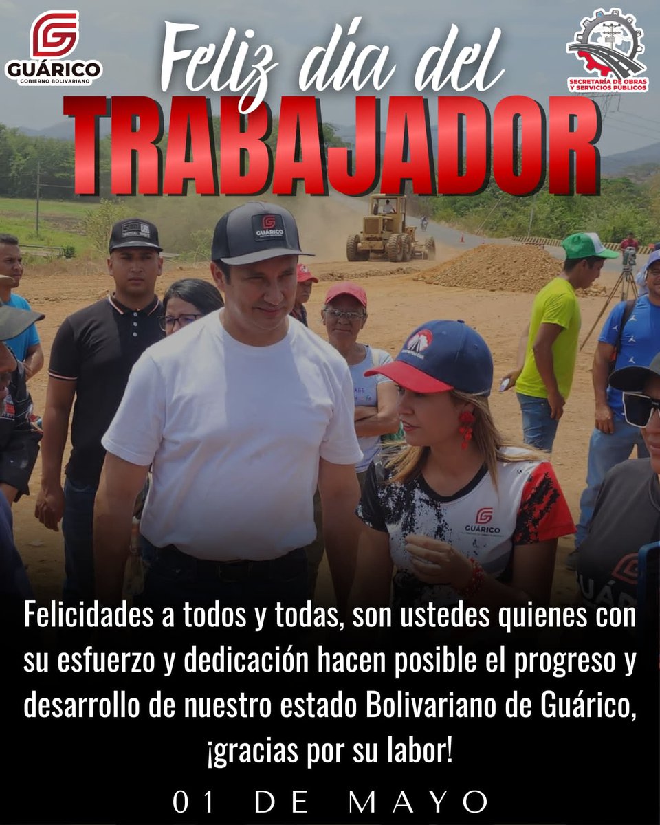 Felicidades a todos y todas, son ustedes quienes con su esfuerzo y dedicación hacen posible el progreso y desarrollo de nuestro estado Bolivariano de Guárico, ¡gracias por su labor! ¡Feliz Día del Trabajador! #MayoDeTransformación #AlTrabajoNadaNiNadieLeGana #VisiónConAcción