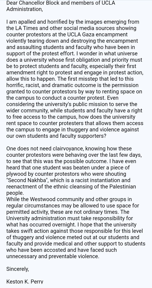 I am currently in Jamaica for a conference, but seeing what has happened overnight, I've written to @UCLA administration about the madness, thuggery and violence: