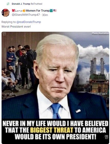 President Trump just re-truhed two of my Crooked Joe Biden comments. It is always such a great honor. I love President Trump! 
187 Day and Crooked Joe Biden is history- he will be going down in history as the worst and most corrupt President ever!
#MAGA