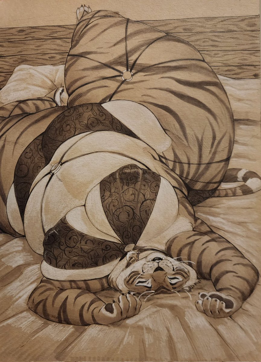 She stretches and purrs so loudly it vibrates the floor boards 'MMmmm good morning~' Traditional toned sketch commission for @tawnyscrawnyleo