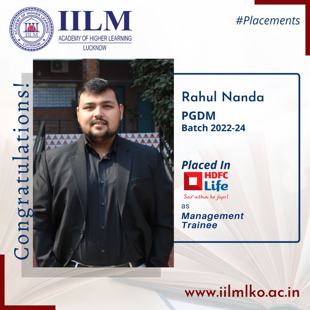 IILM Lucknow congratulates Rahul Nanda of PGDM Batch 2022-24 for selection in HDFC Life as Management Trainee, through Campus Placement.
Our Best Wishes for a bright and successful career ahead.
#IILM #iilmlucknow #pgdm #pgdmfinance #bschool #highereducation #experientiallearning