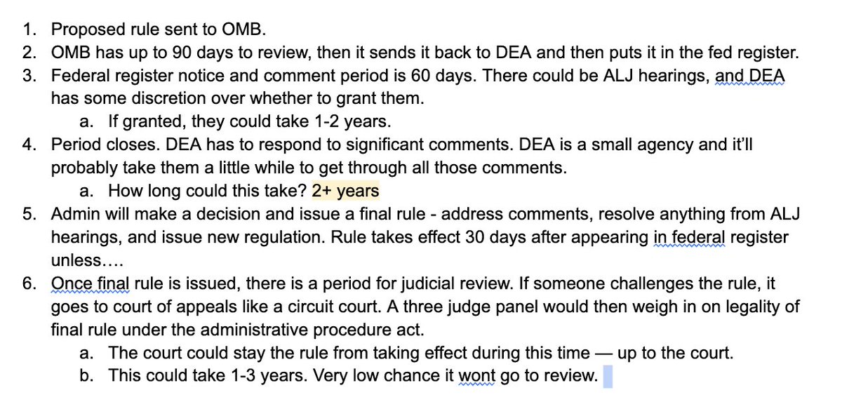 This is the long and short of the clock on a rescheduling rule taking effect. There are many places in this process where a review could be req'd that could add years to it. It's also highly likely that just reading the comments and responding will take the DEA 2 or more years.