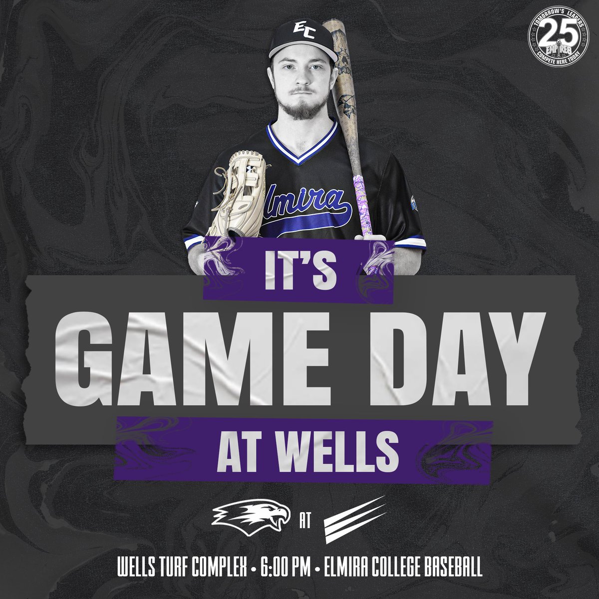 Elmira is on the road one final time this season as the Soaring Eagles face the Express under the lights! 🦅⚾️

🆚 Wells
🕕 6:00 PM 
📍 Aurora, NY | Wells Turf Complex
📺 & 📊: rb.gy/6g70xd

#TogetherWeFly #FightOn4EC #ElmiraProud
