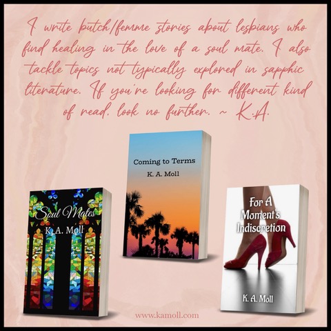 “⭐⭐⭐⭐⭐ A very heart-breaking exciting story. The tension, the passion, the action, the hunt, the love, the romance, it was all in here.”

- Coming to Terms - from #bestselling #lesfic #author K.A.Moll

➡️ KAMoll.com  

#romance #sapphic #wlw @ka_moll_writes