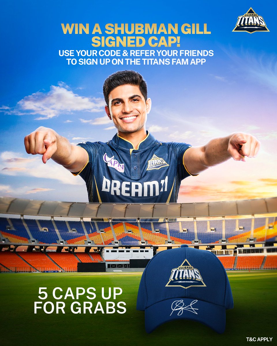 Your 𝙙𝙤𝙨𝙩 can help you win a Shubman Gill signed cap 🧢😎 Successful referral ➡️ Chance to be the lucky one 😉 Download the Titans FAM app now. 🔗 - gujarattitansipl.com #AavaDe | #GTKarshe