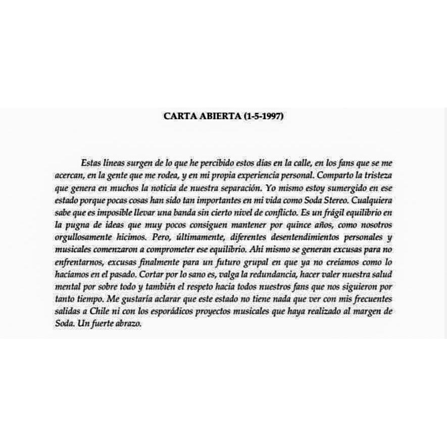 01 de Mayo de 1997:

Gustavo Cerati y su 'carta abierta' sobre la separación de Soda Stereo.