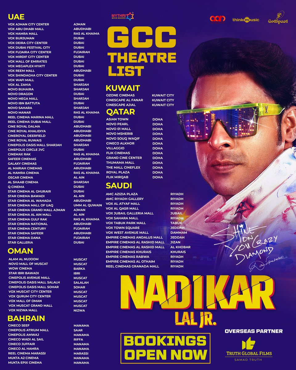 #NADIKAR Party Begins 🎉 

GCC theatre List ! ✨

@ttovino @MythriOfficial @Truthglobalofcl @SamadTruth 

#NadikarFromMay3rd #ShineOnYouCrazyDiamond #TovinoThomas #LalJr #SoubinShahir #Bhavana #MythriMovieMakers #GodSpeed #AntoJoseph #AanMegaMedia #SamadTruth #TruthGlobalFilms