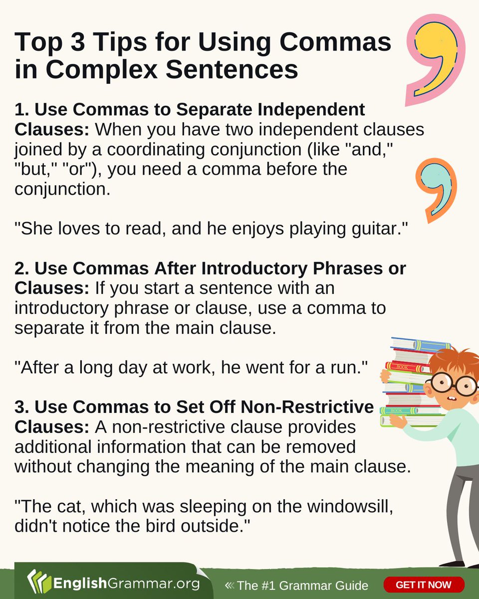 Top 3 Tips for Using Commas  in Complex Sentences

#grammar #writing #amwriting