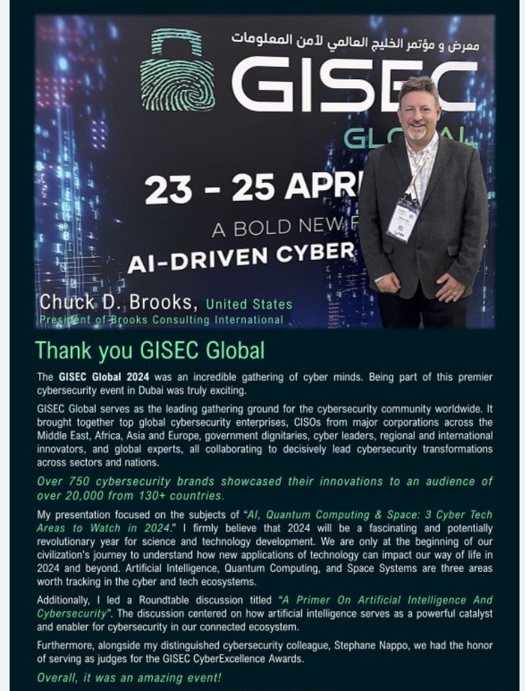 Great speaking last week at GISEC in Dubai. Thanks to Top Cyber News Magazine for the content! linkedin.com/company/topcyb… #cybersecurity @ChuckDBrooks