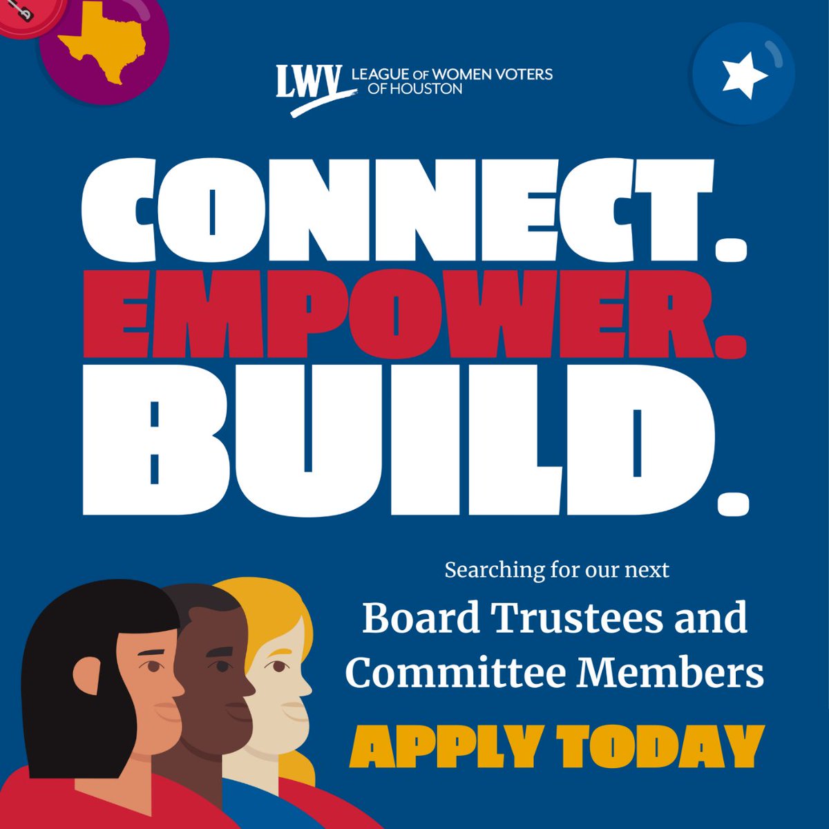 🔎 105/f/houston searching for like-minded civic engagement champions to serve Houston and strengthen democracy. Visit the lwvhouston . org website to get to know each other and apply today!  #lwvhouston #houstonvoter #houstonnonprofit #houstonwomeninbusiness