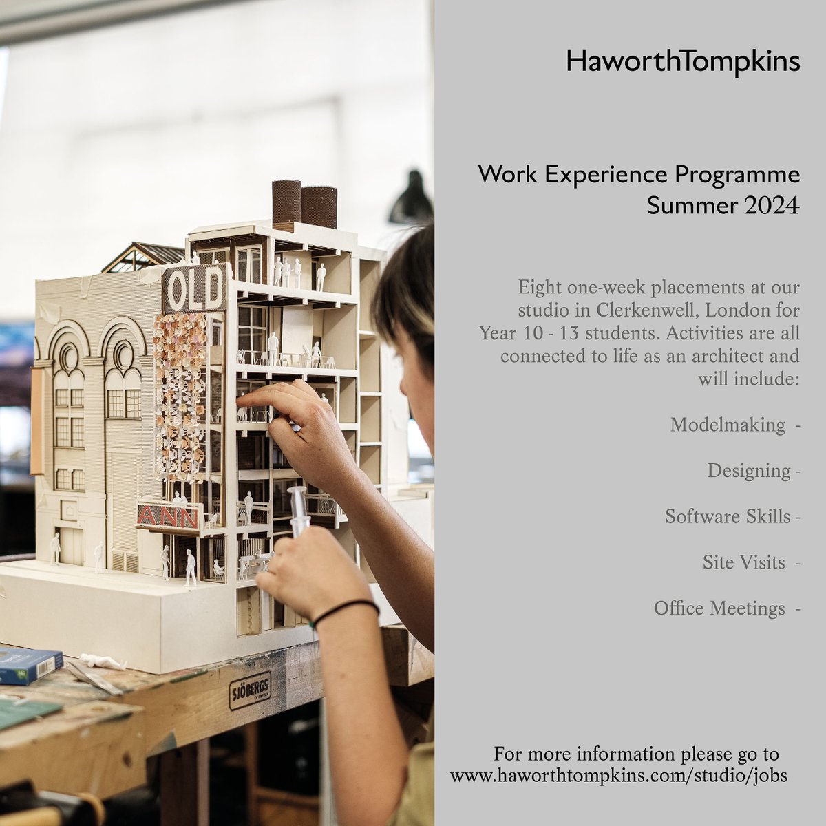 Our summer work experience programme is open for applications from students in year's 10-13 - for more info and to apply - haworthtompkins.com/studio/jobs #haworthtompkins #workexperience #architecture #students #architects #learning #opportunity