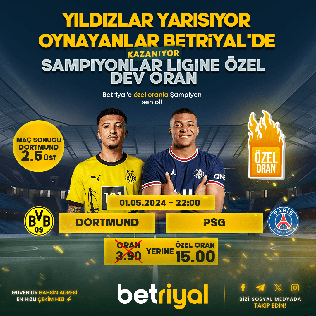 🎉Betriyal'in Kazandıran Dünyasında Günün Özel Oranlı Maçı !! ✨#Dortmund ✨#Psg ❤️‍🔥Bahisler Sizden Oranları Katlamak Bizden !! bit.ly/BetriyalGuncel…