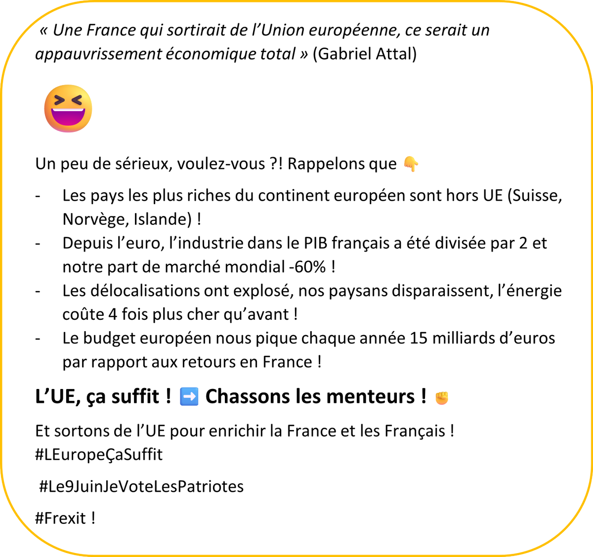 Le 9 juin, chassons le mensonge et la corruption de notre Histoire !
Envoyons un message clair 👉#LEuropeÇaSuffit
👉#Le9JuinJeVoteLesPatriotes🇫🇷