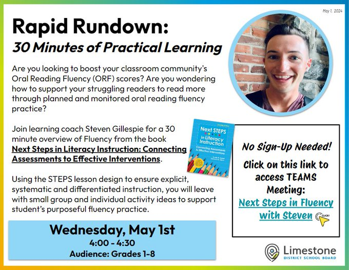 Today at 4:00 on TEAMS! @LimestoneDSB's sixth Rapid Rundown session - Next Steps in Fluency with Steven. Check your LDSB email for the direct link. We hope to see you there!
