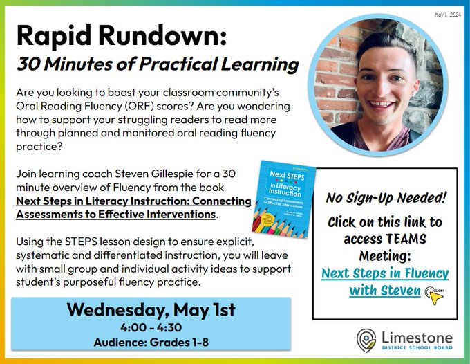 Today at 4:00 on TEAMS!  <a href="/LimestoneDSB/">Limestone District School Board</a>'s sixth Rapid Rundown session - Next Steps in Fluency with Steven.  Check your LDSB email for the direct link.  We hope to see you there!