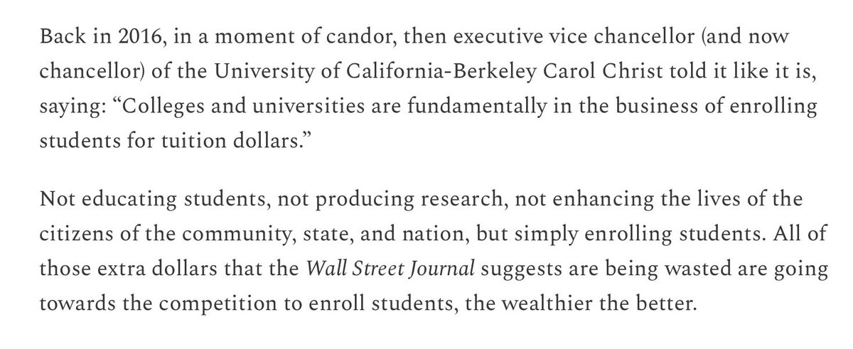 There's a lot of reasons why top administration in higher ed became the province of managers, rather than leaders, but it crystallized for me when I read this quote from (now) UC Berkeley chancellor Carol Christ about the true purpose of universities. biblioracle.substack.com/p/whats-really…