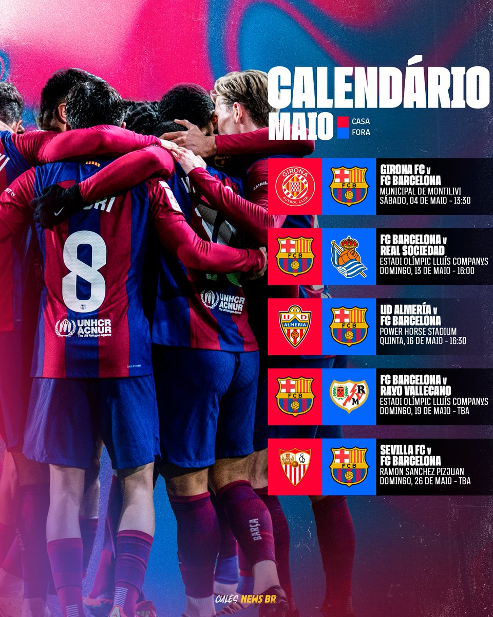 O último calendário da temporada! BarçaRayo e SevillaBarça ainda não tem horário e data confirmado.