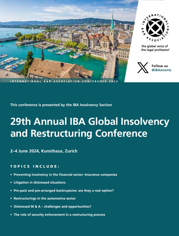 📢 The Programme is now available for #IBAInsolvency '29th Annual IBA Global Insolvency & Restructuring Conference' 🔸 Programme Link: bit.ly/Programme-IBAI… 🗓️ 2-4 June 🌍 Zürich ✍️ Register➡ bit.ly/IBAInsolvency-… 🔸 Presented by IBA Insolvency Section #Law