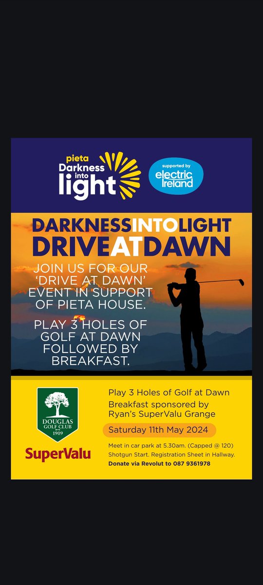In aid of Pieta Darkness Into Light, we will once again hold our Drive at Dawn event on Saturday, May 11th. A huge Thank You to Ryan's SuperValu, Grange, for kindly sponsoring breakfast again this year for the 120 members who will take part. @PietaHouse @ryanssupervalu