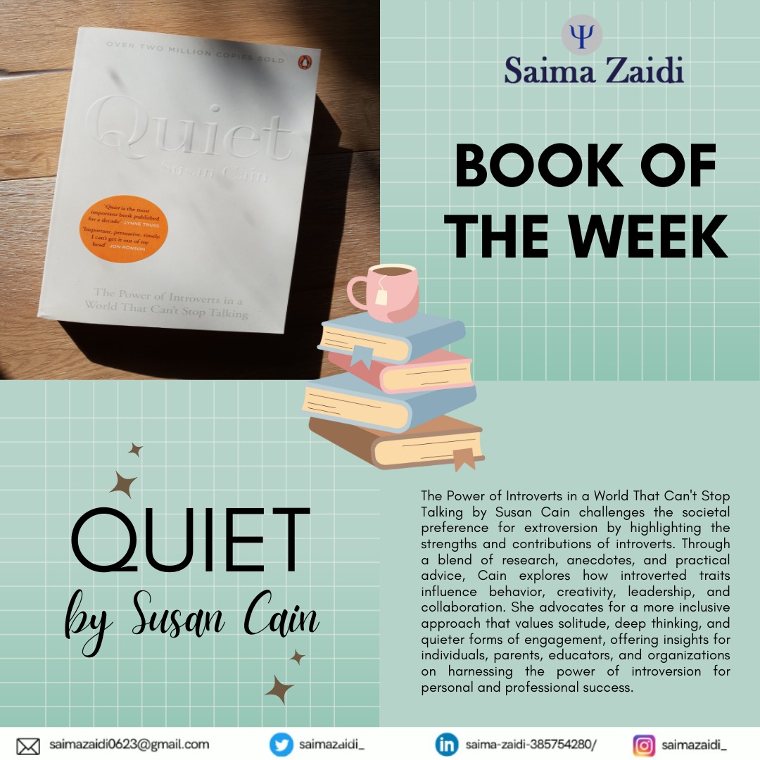 Discovering the beauty of introversion 🌸 'Quiet' speaks volumes. 

#SaimaZaidi #BookOfTheWeek #QuietBook #SusanCain #Introvert #QuietRevolution #EmpowerIntroverts #QuietTime #SilenceSpeaks #InnerPeace #IntrovertLife #EmbraceSolitude #BookwormLife #PersonalGrowth #Mindfulness