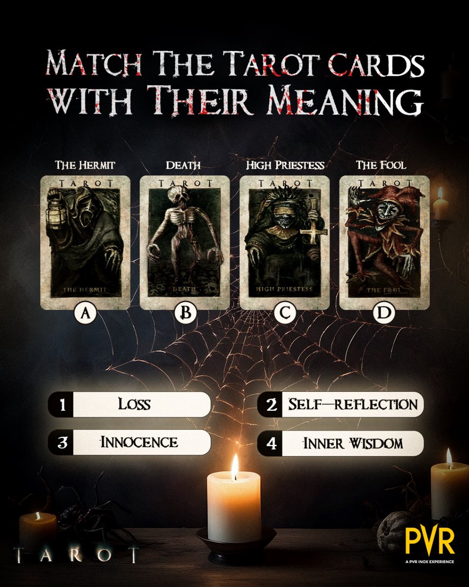 _PVRCinemas's tweet photo. Get ready to play the deadliest game of fate! 🔮 Can you match these tarot cards to their meanings correctly?
Releasing at PVR INOX on May 3!
.
.
.
#Tarot #AvantikaVandanapu #LarsenThompson #JacobBatalon https://t.co/LWaVgNhNF6