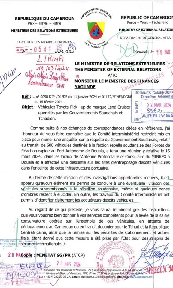 Cameroonian authorities are also looking into the shipment of 600 Toyotas through Chad destined for the RSF in #Sudan. By my count, RSF is confirmed shipping in weapons with UAE help via #Chad #Kenya #CAR #Uganda #Libya with #Ethiopia suspected. Africa is complicit in Sudan's war