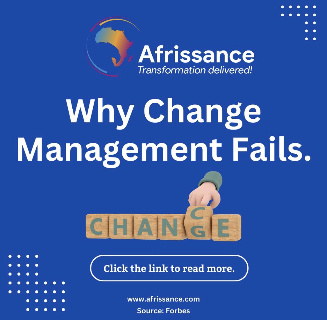 Successful change management requires more than vision crafting or delegating to HR. It's about understanding people and organizational culture. Click this link to read more - afrissance.com/why-change-man… #ChangeManagement #OrganizationalCulture 
#LeadershipInsights #ChangeLeadership