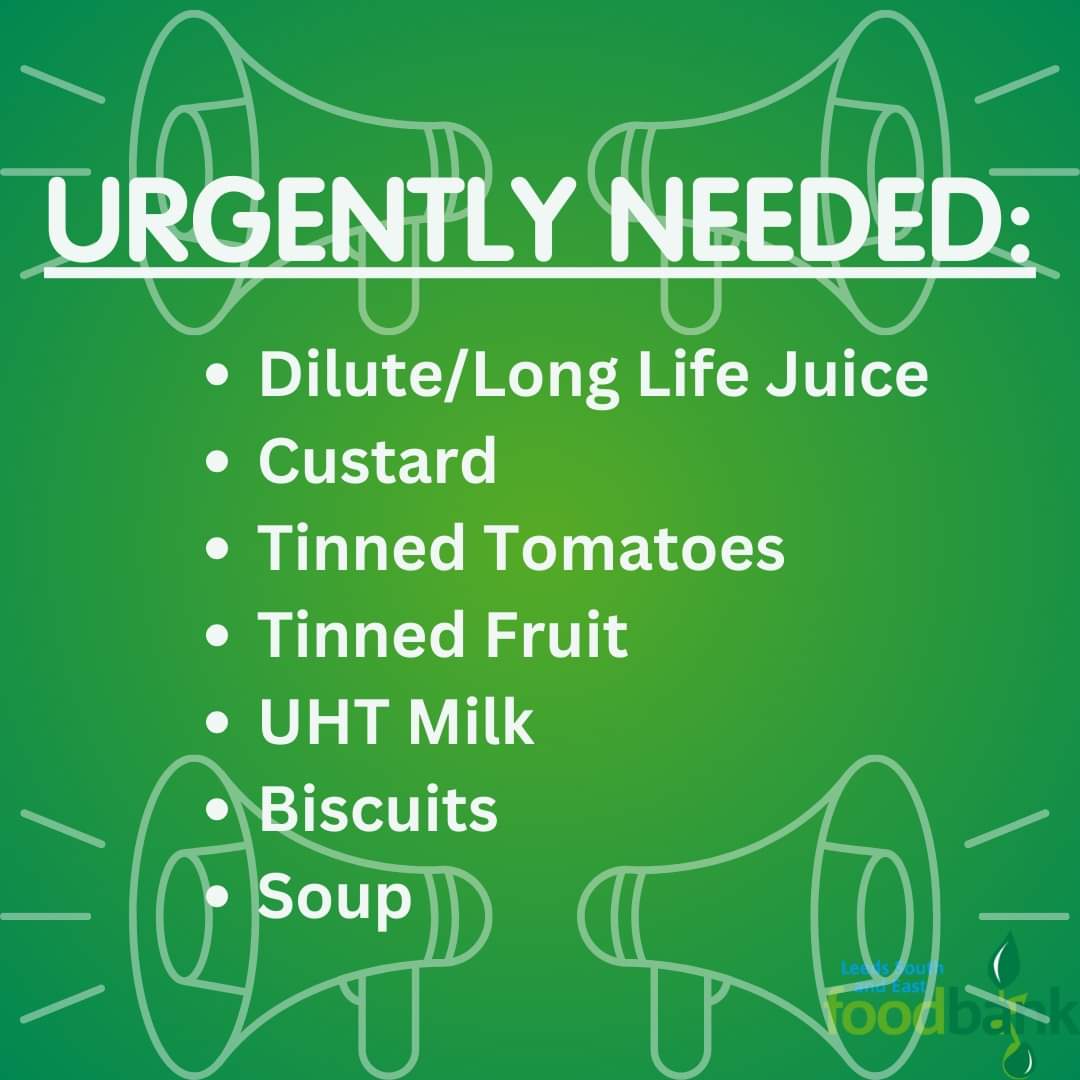 We are back from 10.30 on Saturday, in our usual spot.  Please see our URGENTLY NEEDED ITEMS below

@lufctrust @NW_leedsfood @LUFCFoodbank