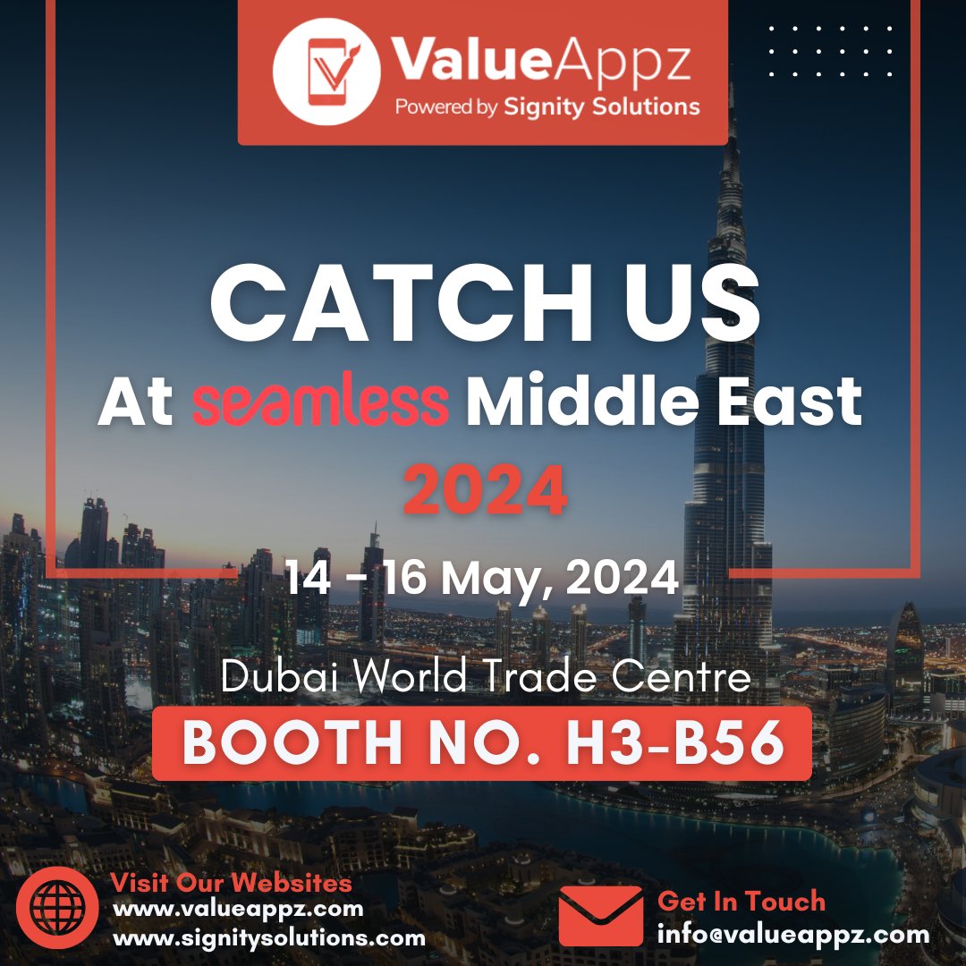 Come & meet us at Booth no. H3-B56 to learn about the latest technologies and explore new possibilities.

📅 14 - 16 May 2024
📍 Dubai World Trade Centre, Dubai

#seamlessmiddleeast2024 #seamless2024 #ecommerce #middleeast #UAE #Dubai #techevent2024 #valueappz #signitysolutions