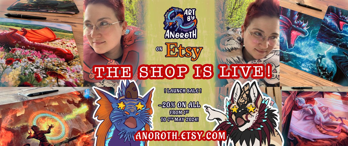 It's official peeps, ETSY SHOP IS FINALLY LIVE! 🎉 Now you can get the mousepads, playmats and neck pillows outside the conventions too 💞🐉 Enjoy the launch sale, -20% on everything for the first week :3 (1st to 7th May 2024) ⬇️⬇️⬇️ ✨ anoroth.etsy.com ✨