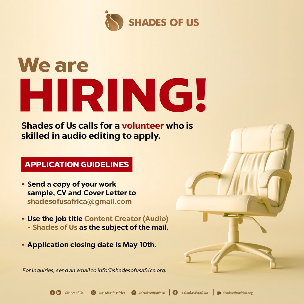 We are hiring! Job Title: Content Creator (Audio) – Shades of Us Location: Abuja (Hybrid – 75% Remote) Employment Type: Volunteer (20 Hours Per Week) Duration: 6 months Openings: One Apply for Our Content Creator (Audio) Volunteer Role here! shadesofus.co.uk/2024/04/apply-…