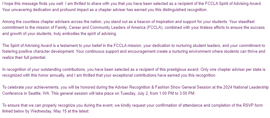 KM Activities (@km_activities) on Twitter photo Congratulations to Michele Lindquist: She has been selected as a recipient of the FCCLA Spirit of Advising Award. Here is the snip of the message from the Advisory Recognition Committee! <a href="/KMFCCLA/">KM FCCLA/LEO CLUB</a> Congratulations to Michele Lindquist: She has been selected as a recipient of the FCCLA Spirit of Advising Award. Here is the snip of the message from the Advisory Recognition Committee! <a href="/KMFCCLA/">KM FCCLA/LEO CLUB</a>