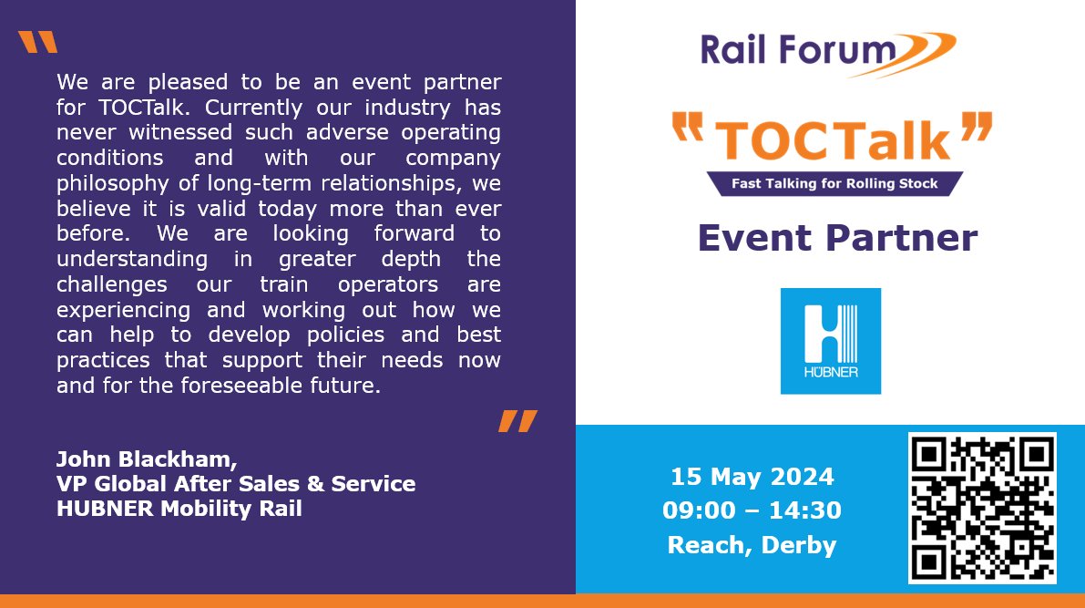 We are excited to have Hubner as an event partner for #TOCTalk on 15th May in Derby. For more information about the event visit ➡️ railforum.uk/events/toctalk… #RFevent #networking #rail