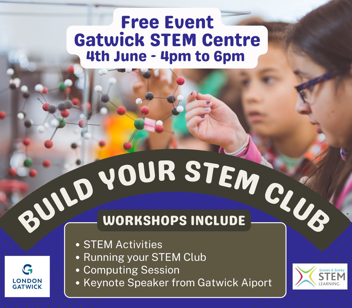 We're very excited about this FREE event in collaboration with #GatwickAirport helping #schools  build their STEM Club. With exhibitors and different workshops to choose from, book today to ensure you don't miss out: bit.ly/buildyourstemc…