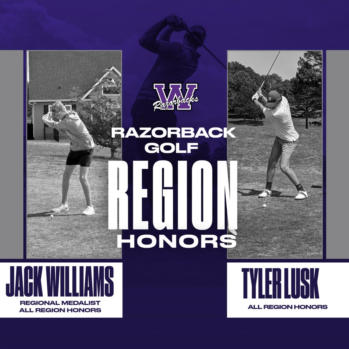 Aside from qualifying for the Upper State tournament, Razorback Golf received individual region honors on Monday.

Jack Williams - REGIONAL MEDALIST & ALL REGION

Tyler Lusk - ALL REGION

Congrats to Jack & Tyler on these HIGH HONORS!!

#OnToTheNext

#PurpleStateOfMind