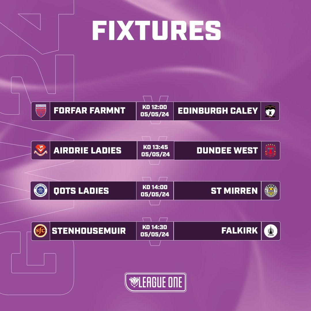 FIXTURES | GW 2️⃣4️⃣ Thrills and spills for the penultimate round in #SWFLeagueOne on Sunday. Stenny and Falkirk face down for the advantage and Forfar Farmington host Edinburgh Caledonia. St Mirren are in Dumfries and Airdrie host Dundee West. #BeTheDifference