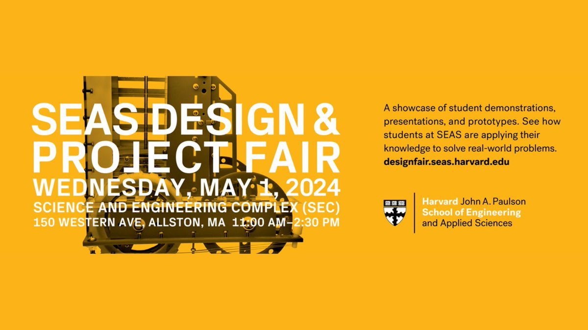 In Allston today? Stop by the SEC for the annual SEAS Design & Project Fair! A showcase of student demonstrations, presentations, and prototypes. See how students at SEAS are applying their knowledge to solve real-world problems. Food and opportunities for SEAS Swag!