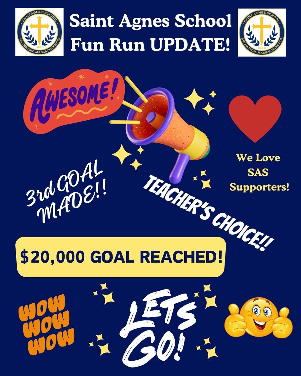 📣$20,000 GOAL REACHED📣 LET’S KEEP IT GOING! Donate here: shorturl.at/mEHP0
#WeAreSAS #RCAB #FunRun #OneCommunityOneSchool #RigorousCurriculum #FaithBased #CatholicSchool #AlwaysLearning #CatholicEducation #LoveThyNeighbor #LoveAndServe #ArlingtonMA #WalkHumblyWithGod