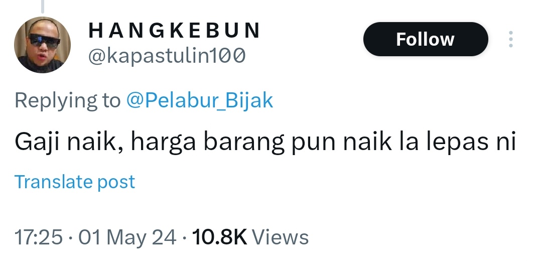 Hujah bodoh. Harga barang setiap tahun akan naik itu namanya inflasi. Kalau ikut logik bodo walaun, gaji ni sampai mampus takyah naik. Sebab bila naik gaji, harga barang akan naik. Bila gaji tak cukup, puak ni jugak merentan hidup susah zaman Madani. Wak lu!