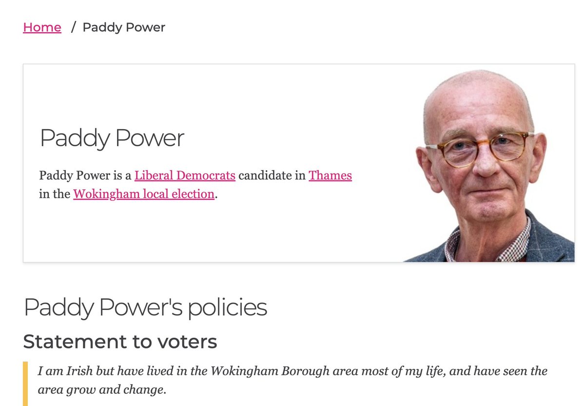 Is this Britain's best-named council candidate? Paddy Power is standing for the Liberal Democrats in the Thames ward of Wokingham Borough Council, which Ed Davey's party hopes to capture on Friday. 'A safe bet' in the words of one activist.